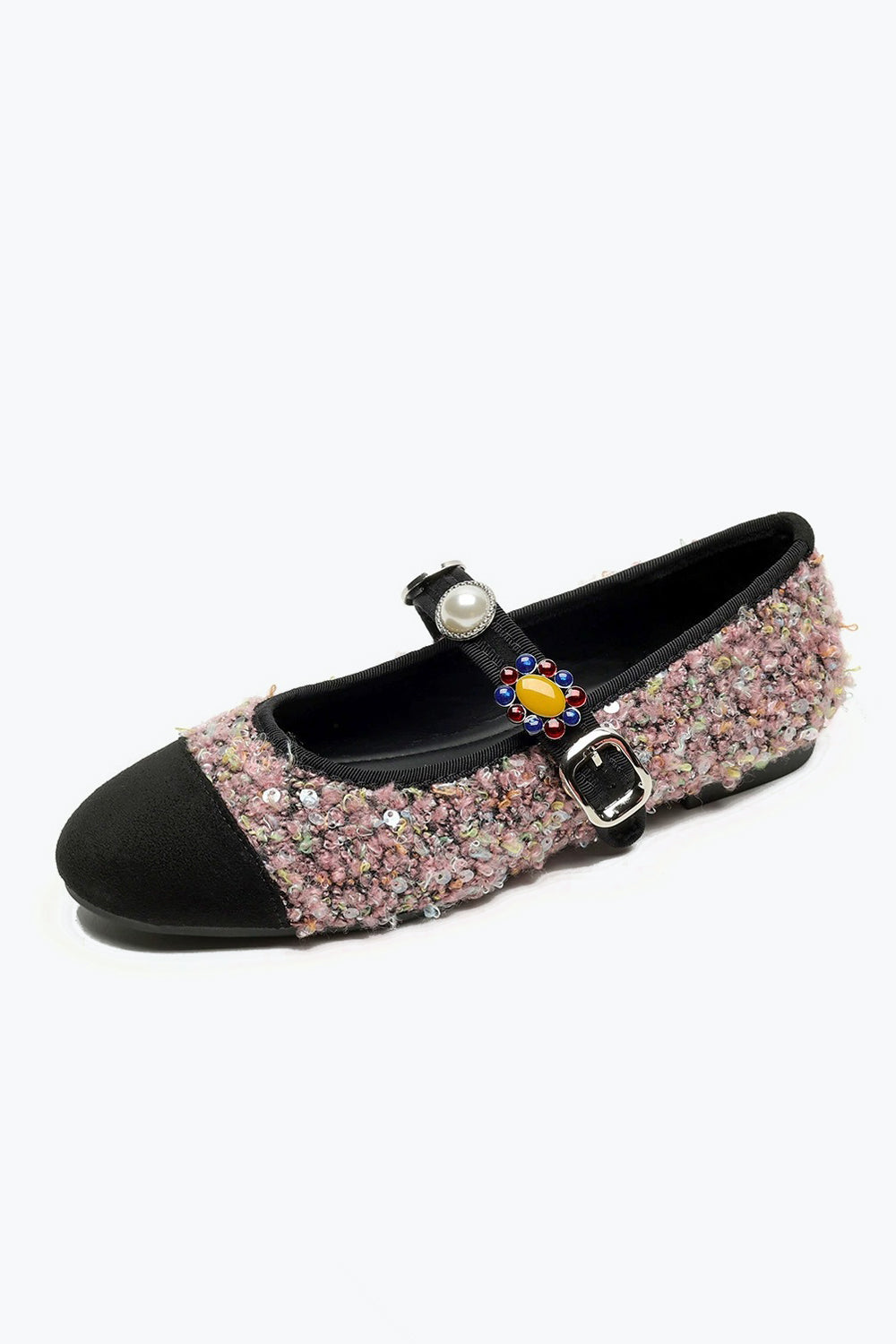 Flat Shoes with Textured Upper and Beaded Strap - Pink