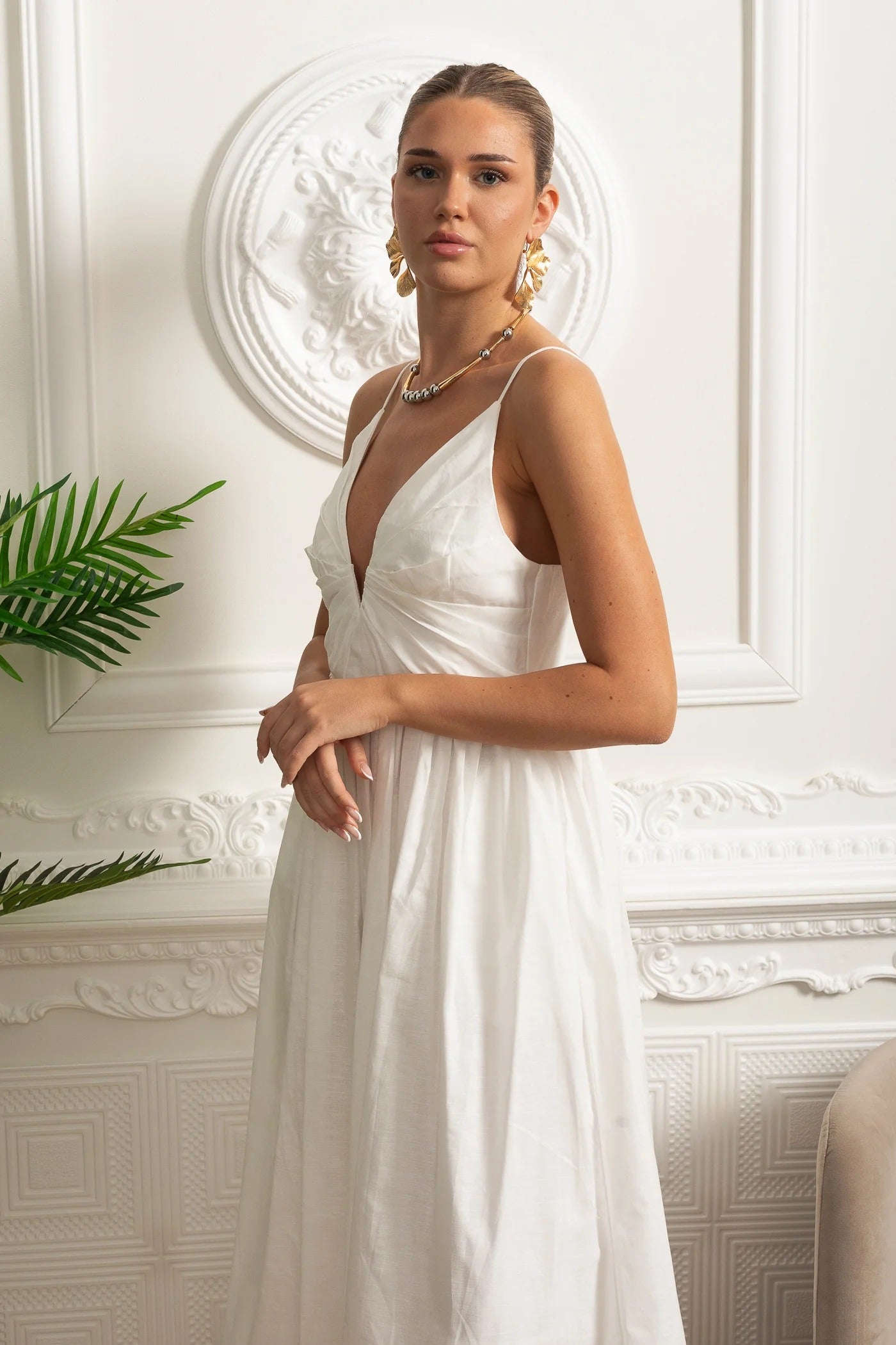 Plunge V Neck Cotton Midi Dress With Fitted Waist - White