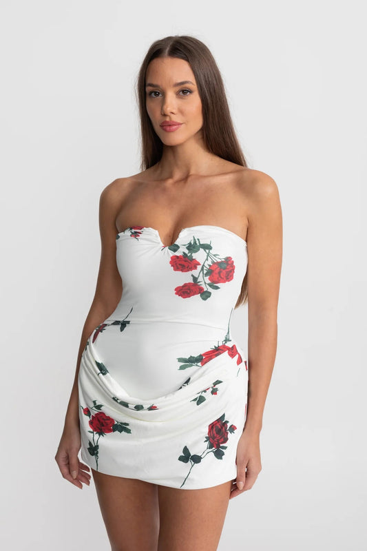 Strapless Floral Mini Dress - White