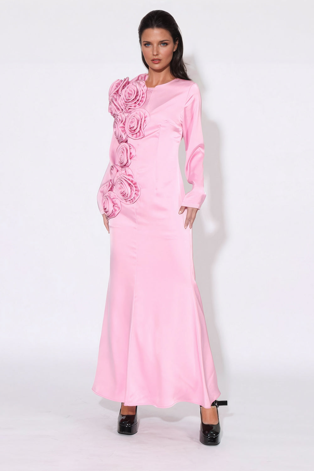 Long Sleeve Maxi Dress with 3D Floral Detail - Pink