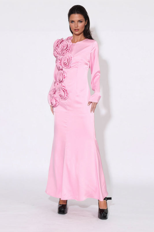 Long Sleeve Maxi Dress with 3D Floral Detail - Pink