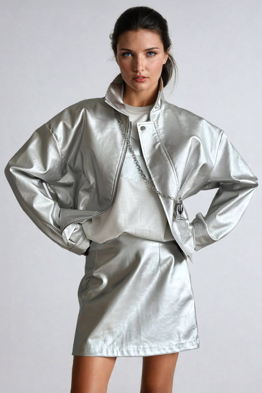 Two-Piece Set with Metallic Jacket and Mini Skirt - Silver