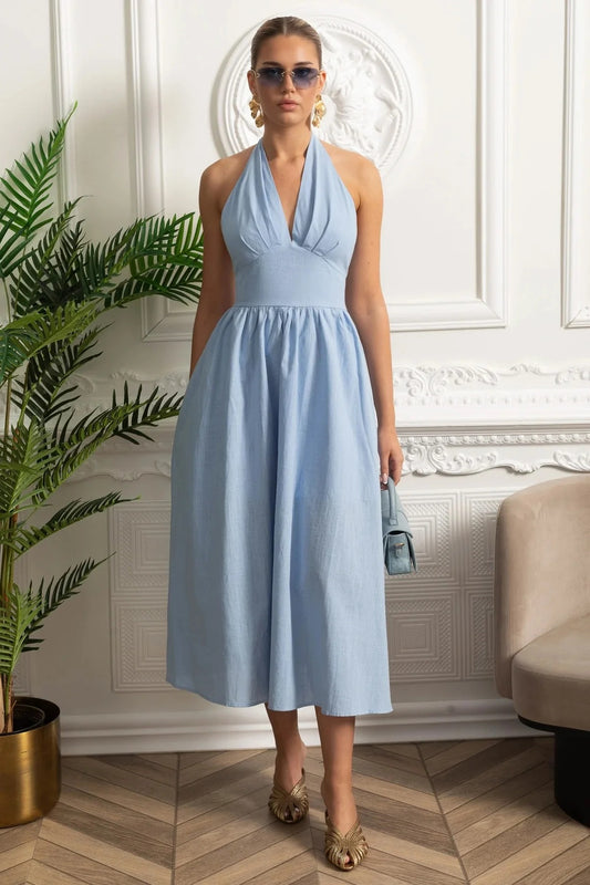 Halter Neck Midi Dress With Open Back - Blue