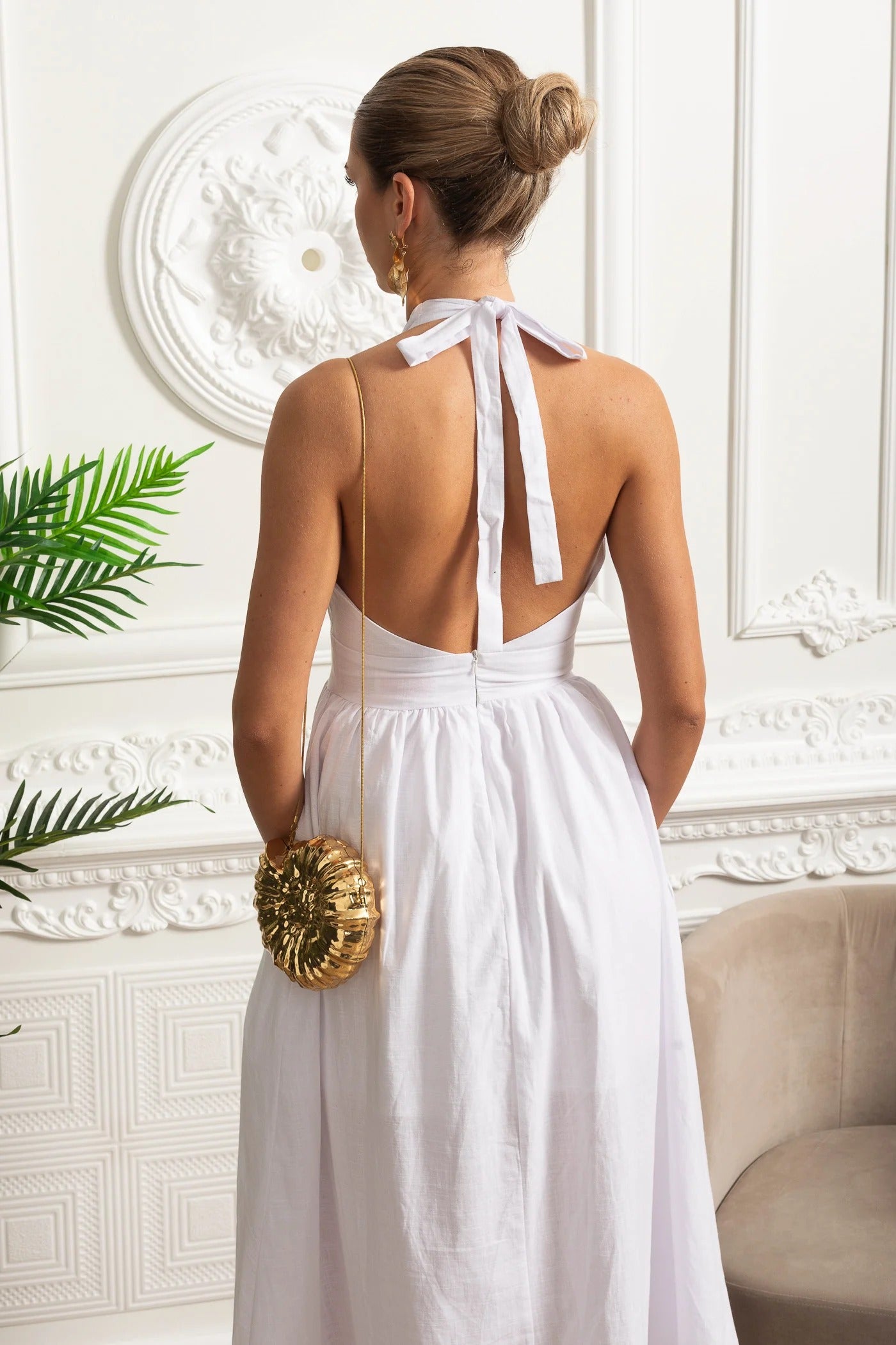 Halter Neck Midi Dress With Open Back - White