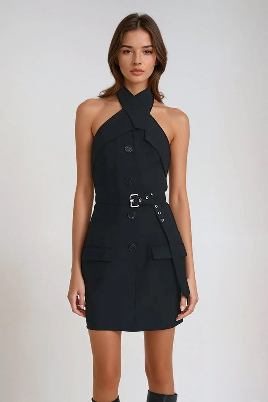 Halter Neck Buttoned Mini Dress - Black