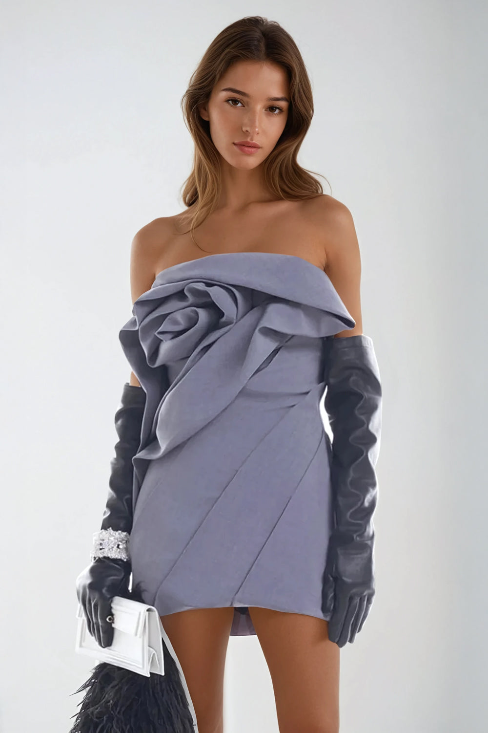 Strapless Draped Mini Dress with Floral Embellishment - Gray