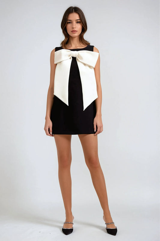 Sleeveless Mini Dress with Large Bow Detail - Black