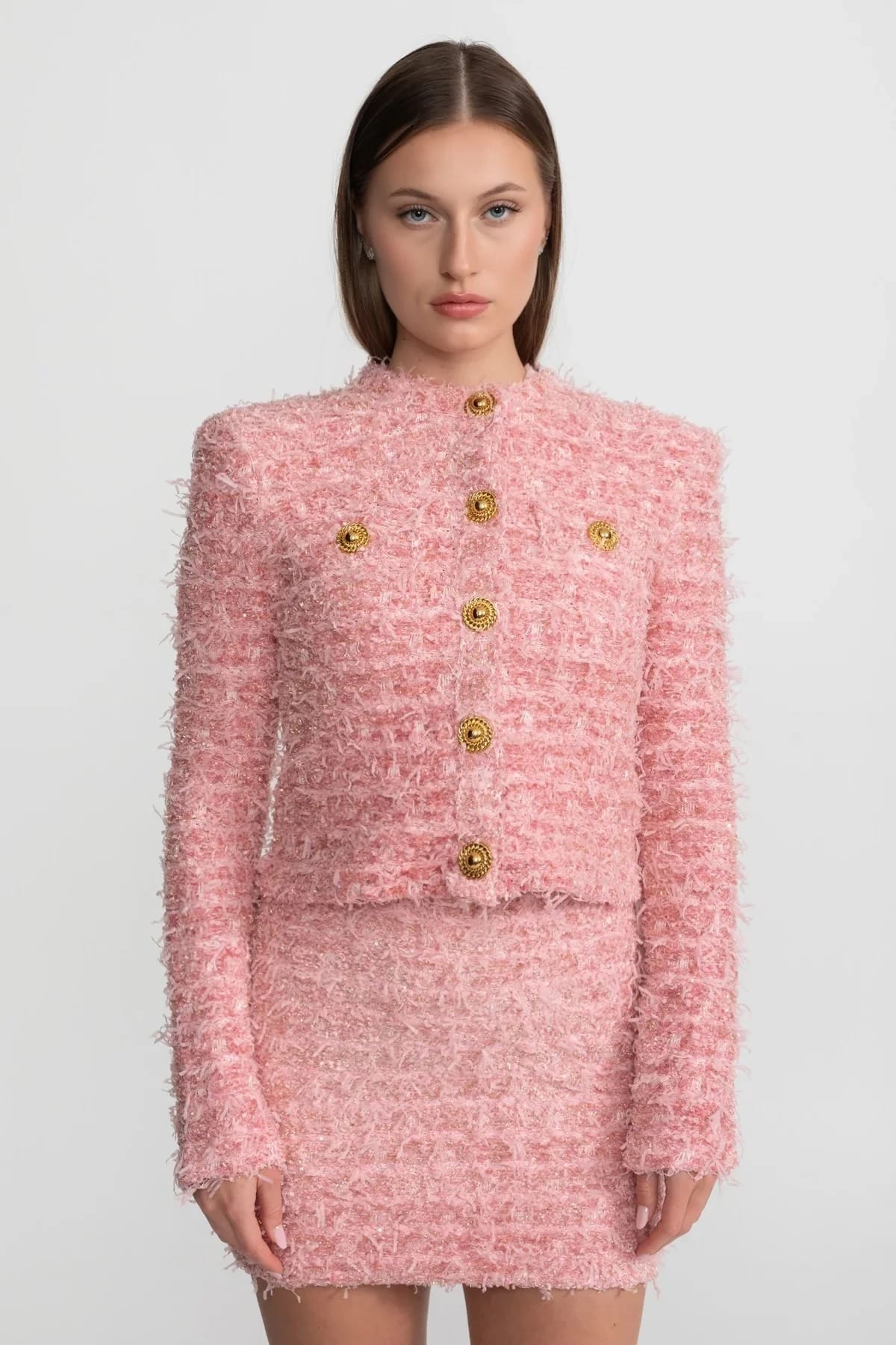 Textured Button-Front Jacket - Pink