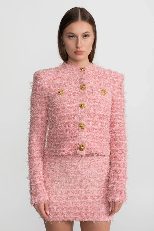 Textured Button-Front Jacket - Pink