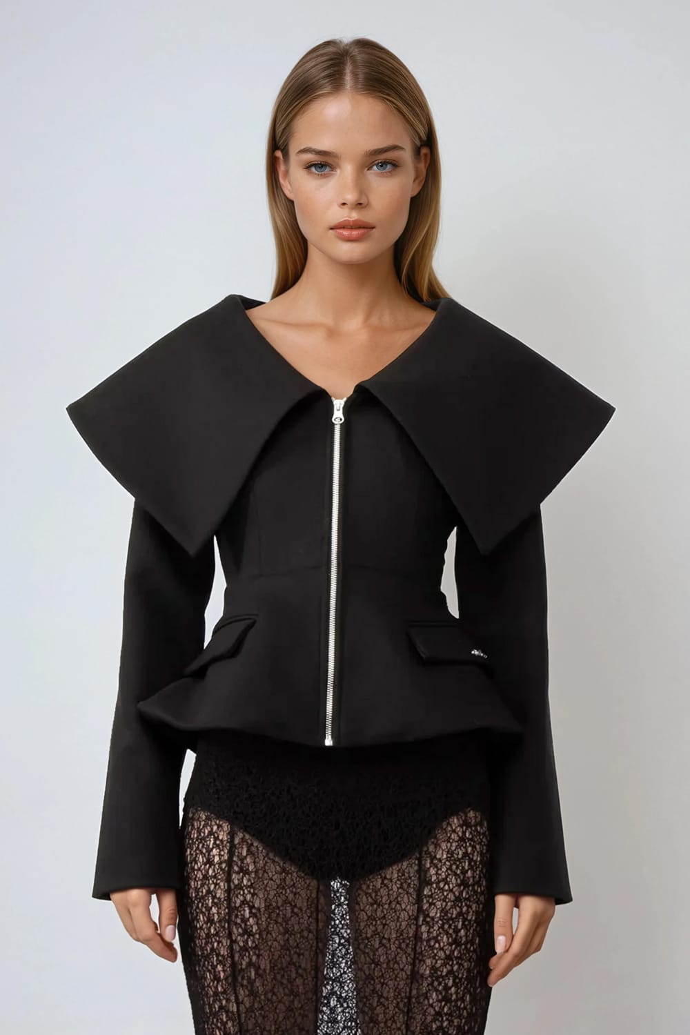 Zip-Up Jacket with Oversized Collar and Flap Pockets - Black