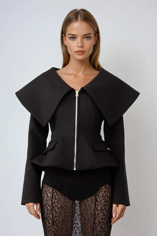 Zip-Up Jacket with Oversized Collar and Flap Pockets - Black