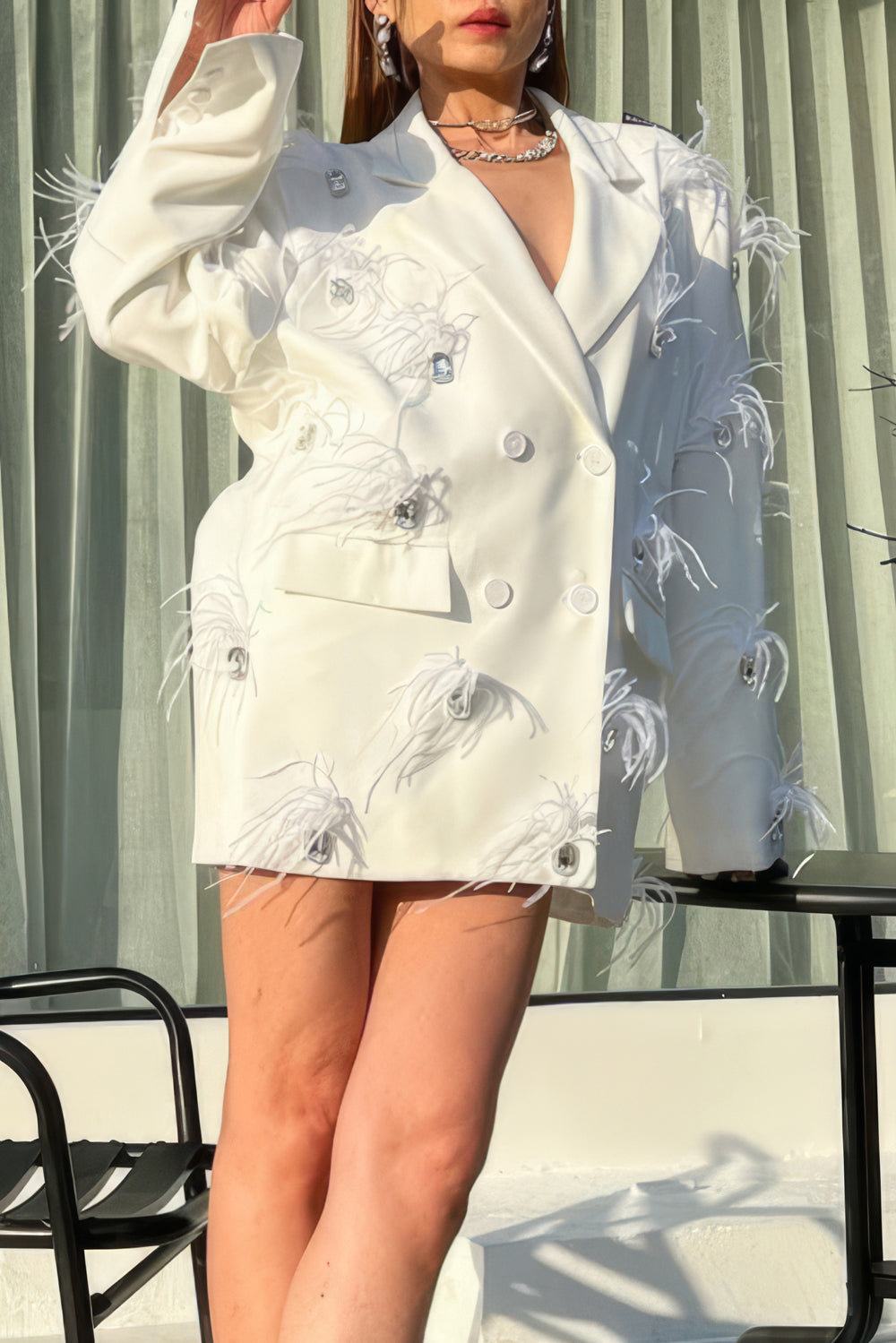 Feather-Embellished Loose Blazer with Diamond Accents