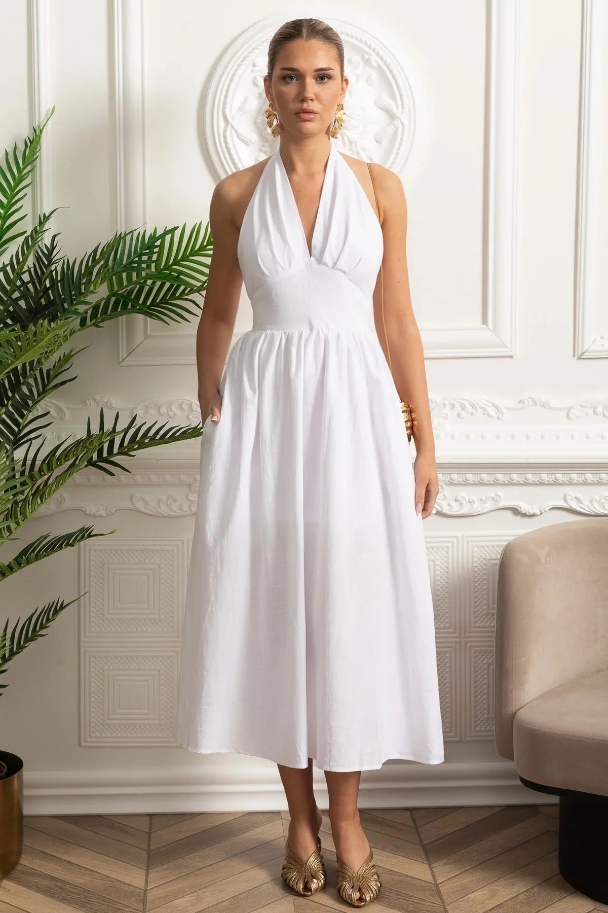 Halter Neck Midi Dress With Open Back - White