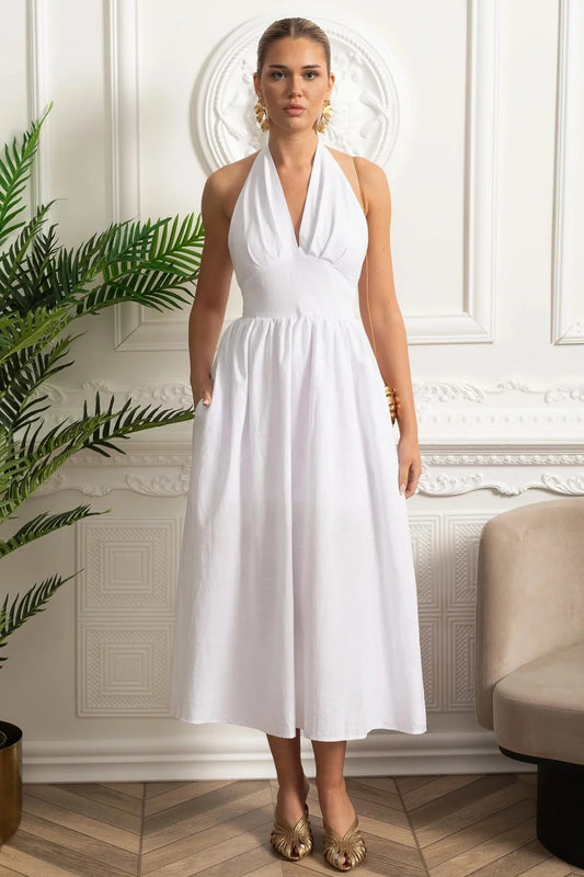 Halter Neck Midi Dress With Open Back - White