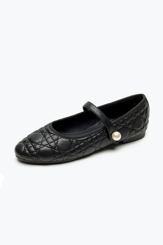 Quilted Ballerina Flats with Pearl Strap - Black