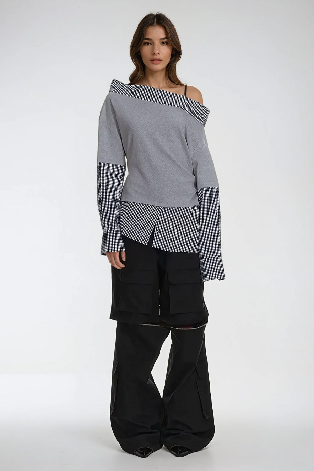 Asymmetrical Off-Shoulder Layered Top with Gingham Accents - Gray