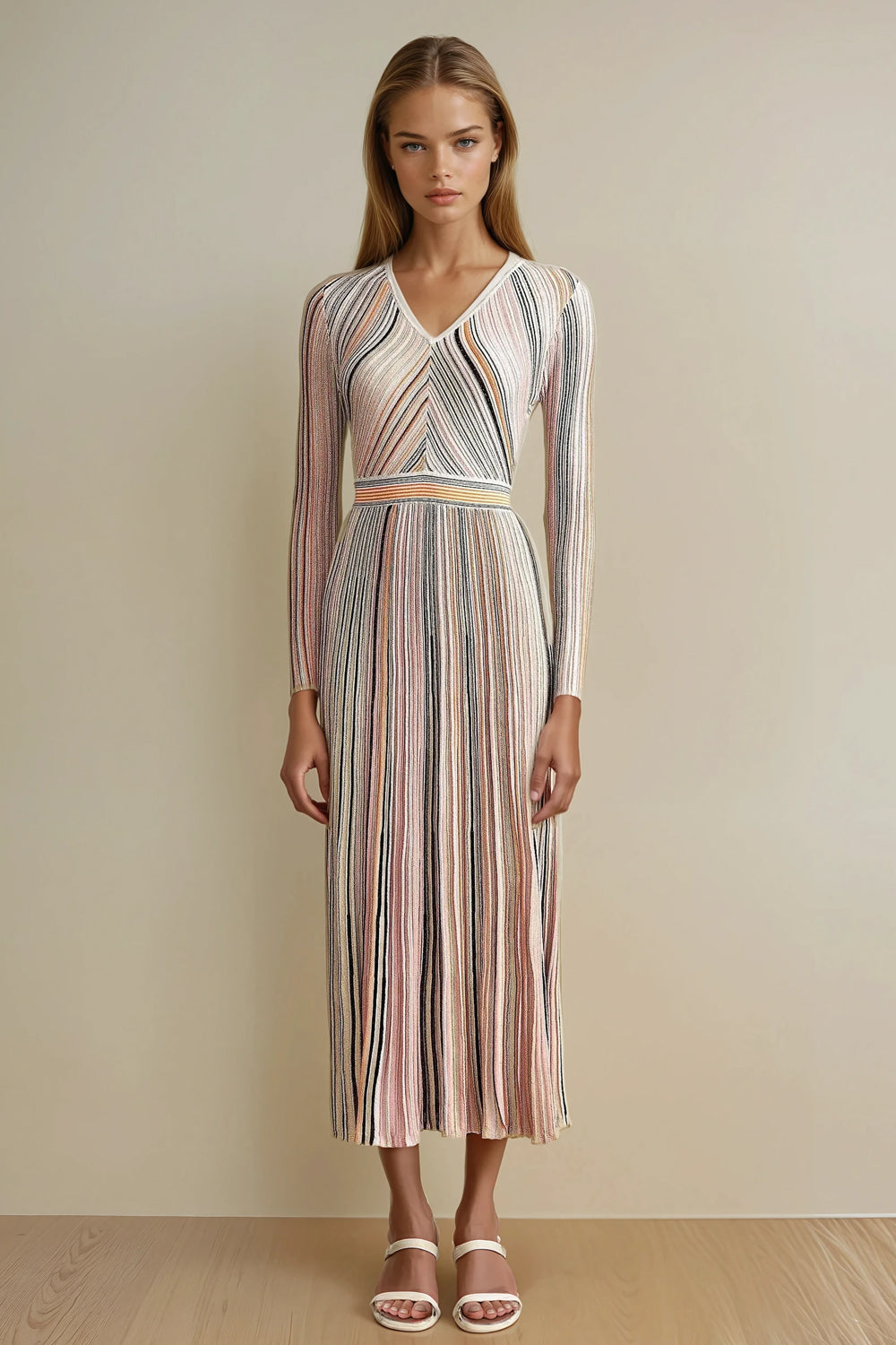 V-Neck Long Sleeve Pleated Midi Dress - Pink