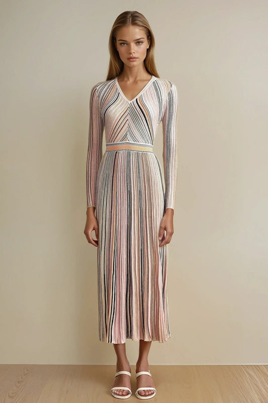 V-Neck Long Sleeve Pleated Midi Dress - Pink