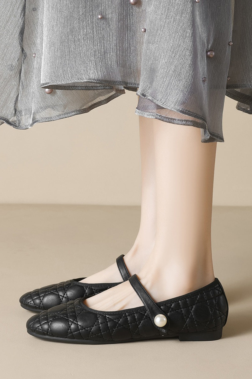 Quilted Ballerina Flats with Pearl Strap - Black