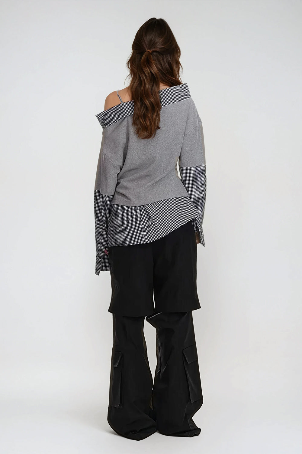 Asymmetrical Off-Shoulder Layered Top with Gingham Accents - Gray