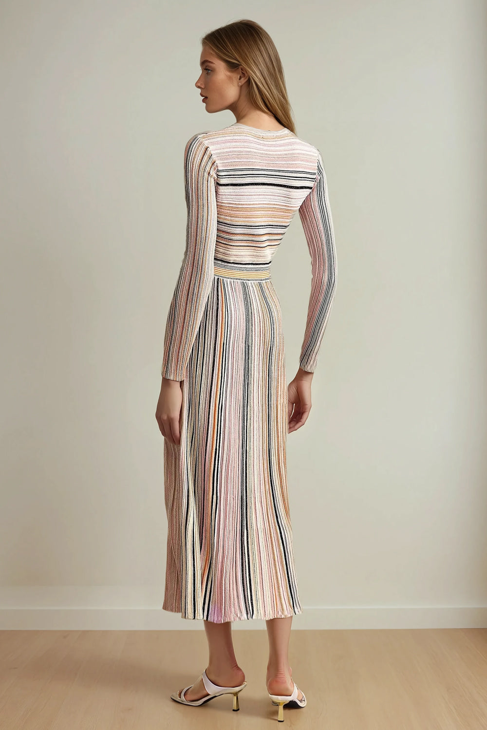 V-Neck Long Sleeve Pleated Midi Dress - Pink