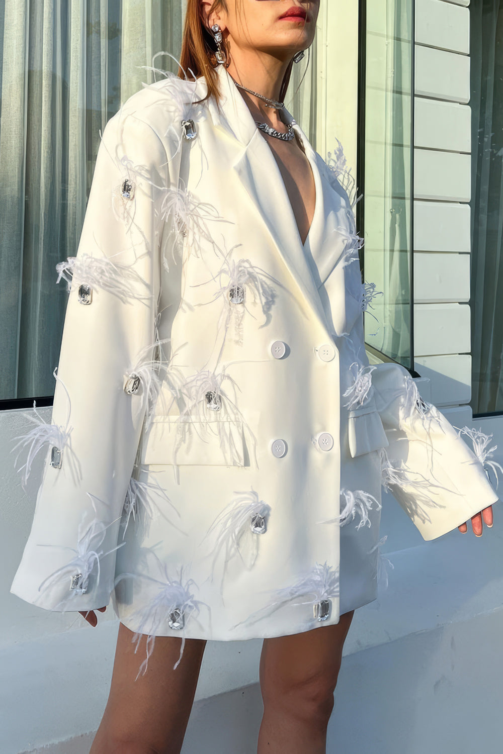 Feather-Embellished Loose Blazer with Diamond Accents