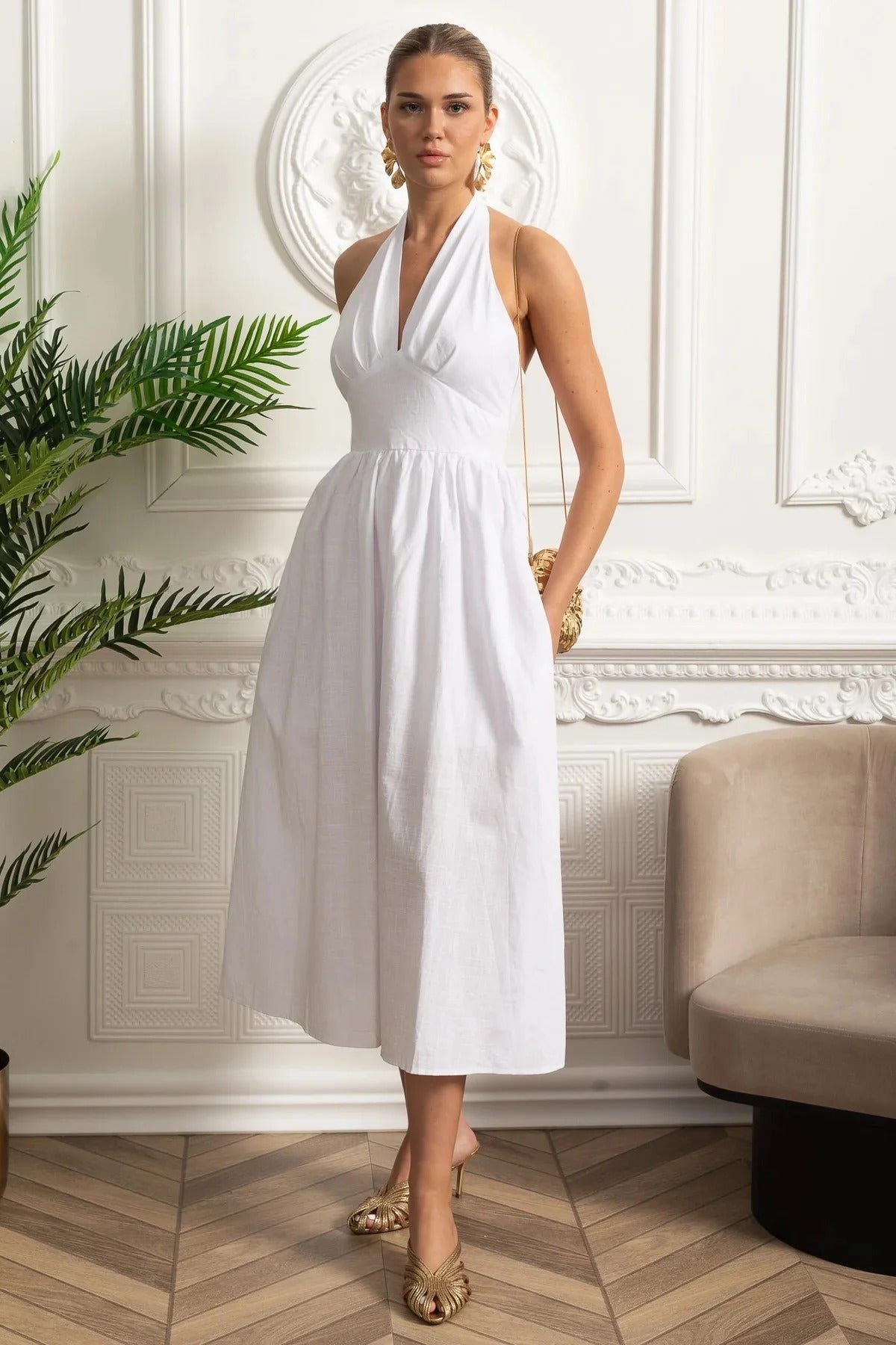 Halter Neck Midi Dress With Open Back - White