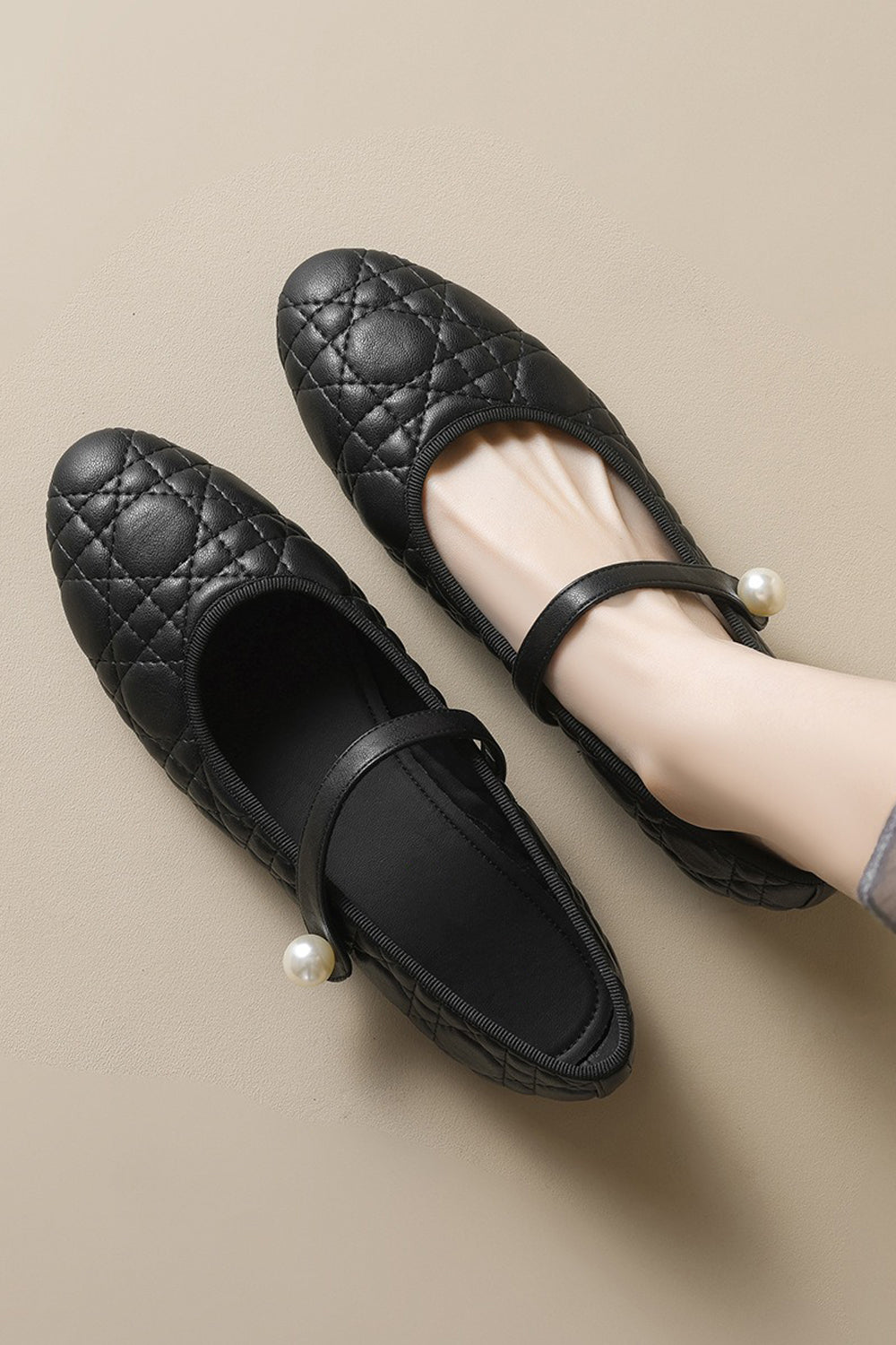 Quilted Ballerina Flats with Pearl Strap - Black