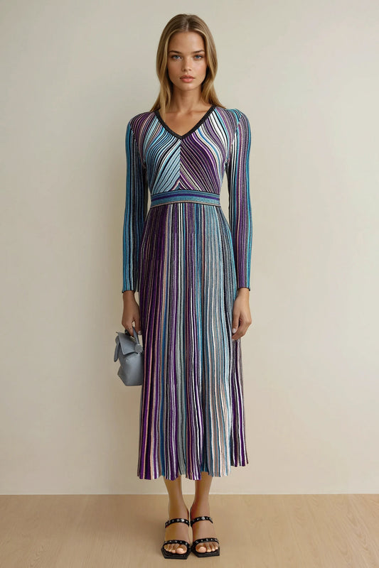 V-Neck Long Sleeve Pleated Midi Dress - Blue