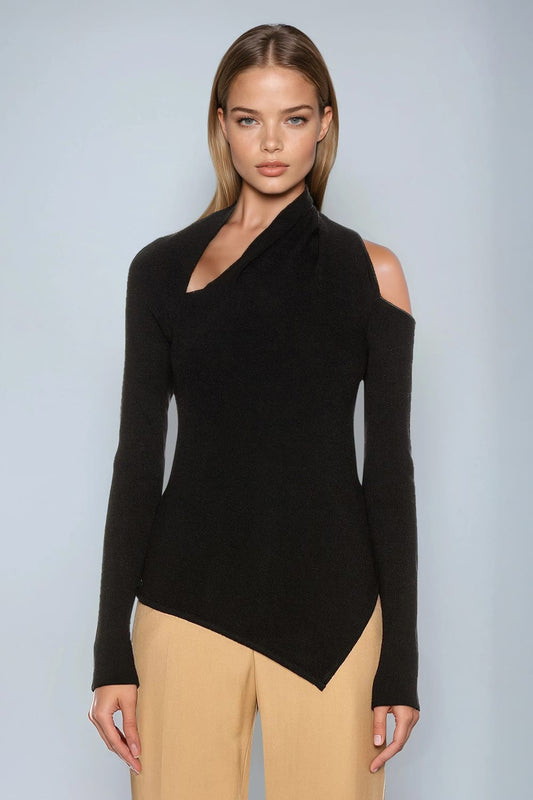 Asymmetrical Cutout Shoulder Knitted Sweater - Black