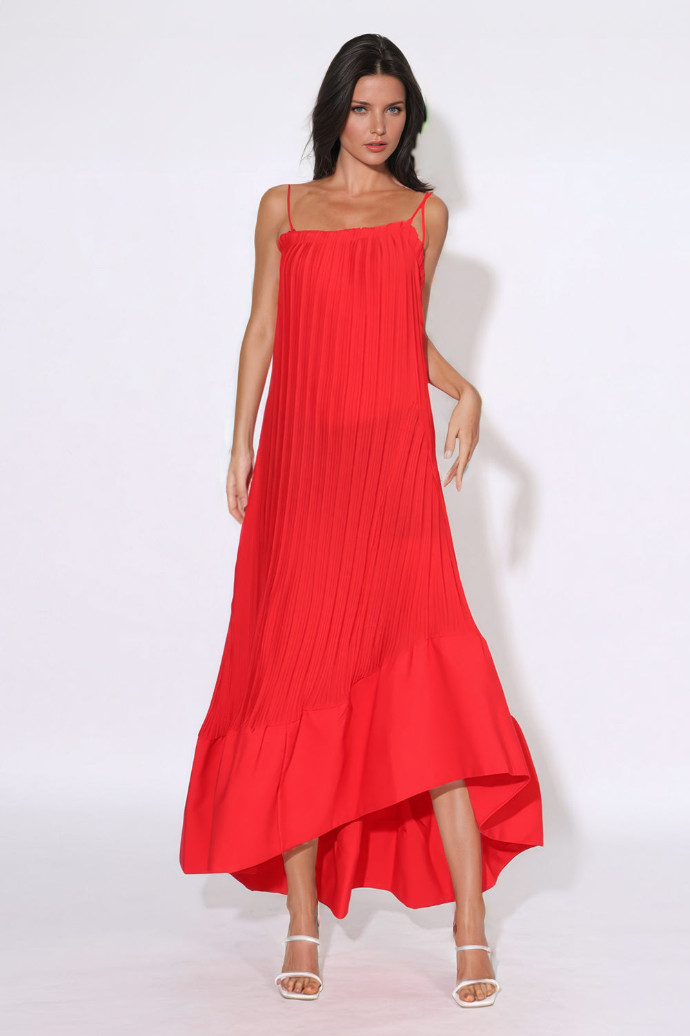 Asymmetrical Sleeveless Ruffled Maxi Dress - Red