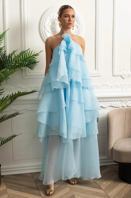 Tiered Halter Maxi Dress With Open Back - Blue