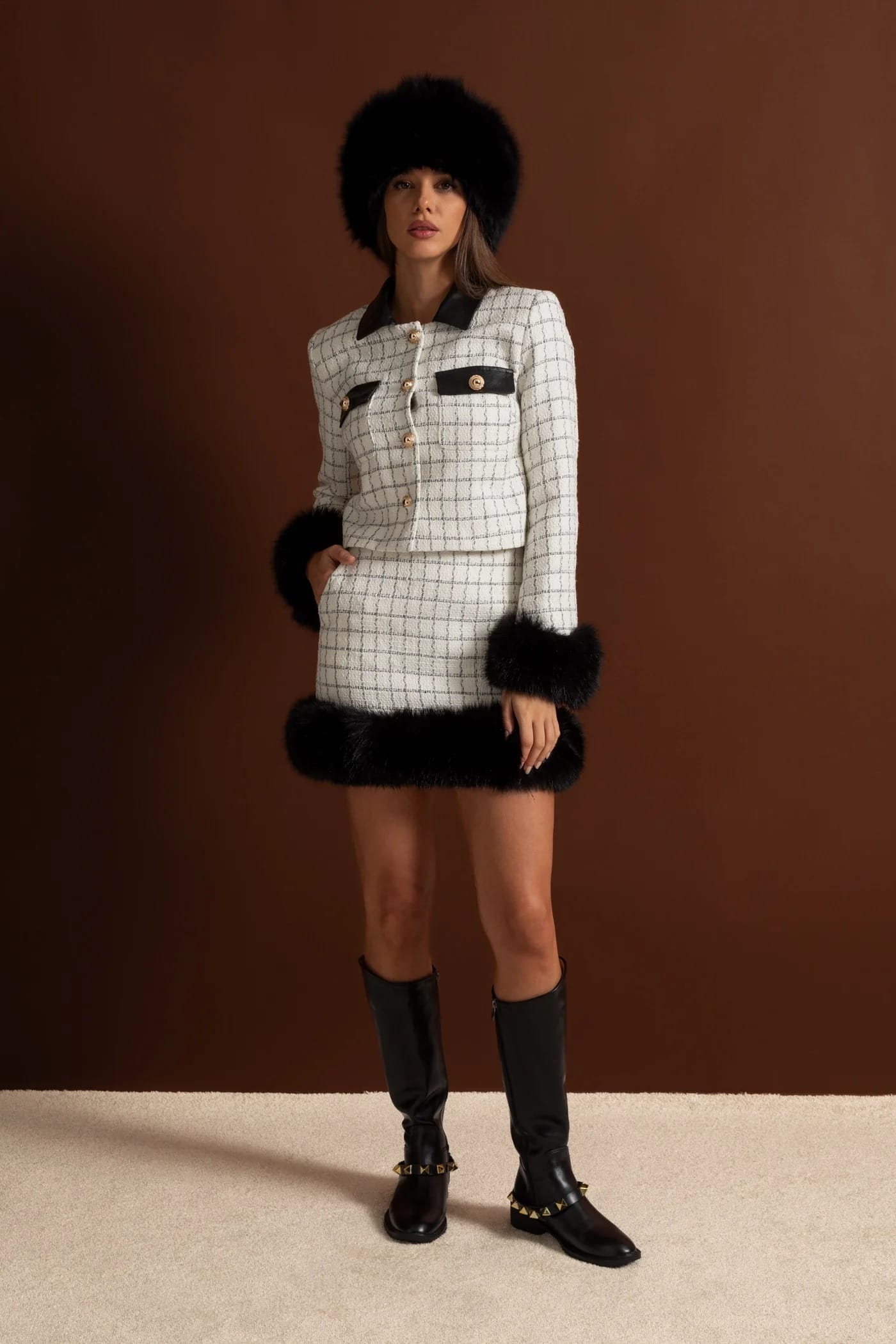 Two-Piece Set with Contrast Trim Jacket and Mini Skirt - White