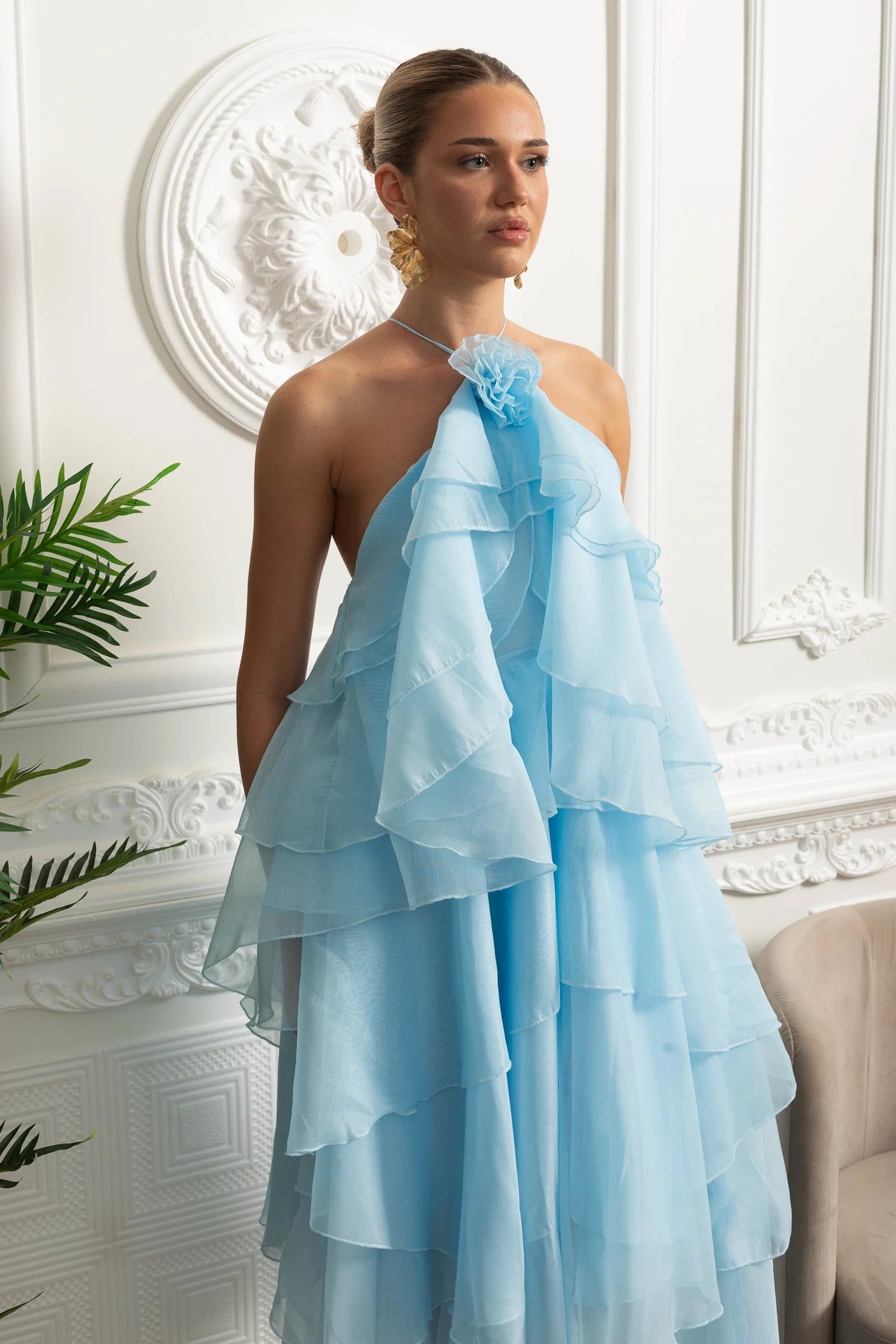 Tiered Halter Maxi Dress With Open Back - Blue