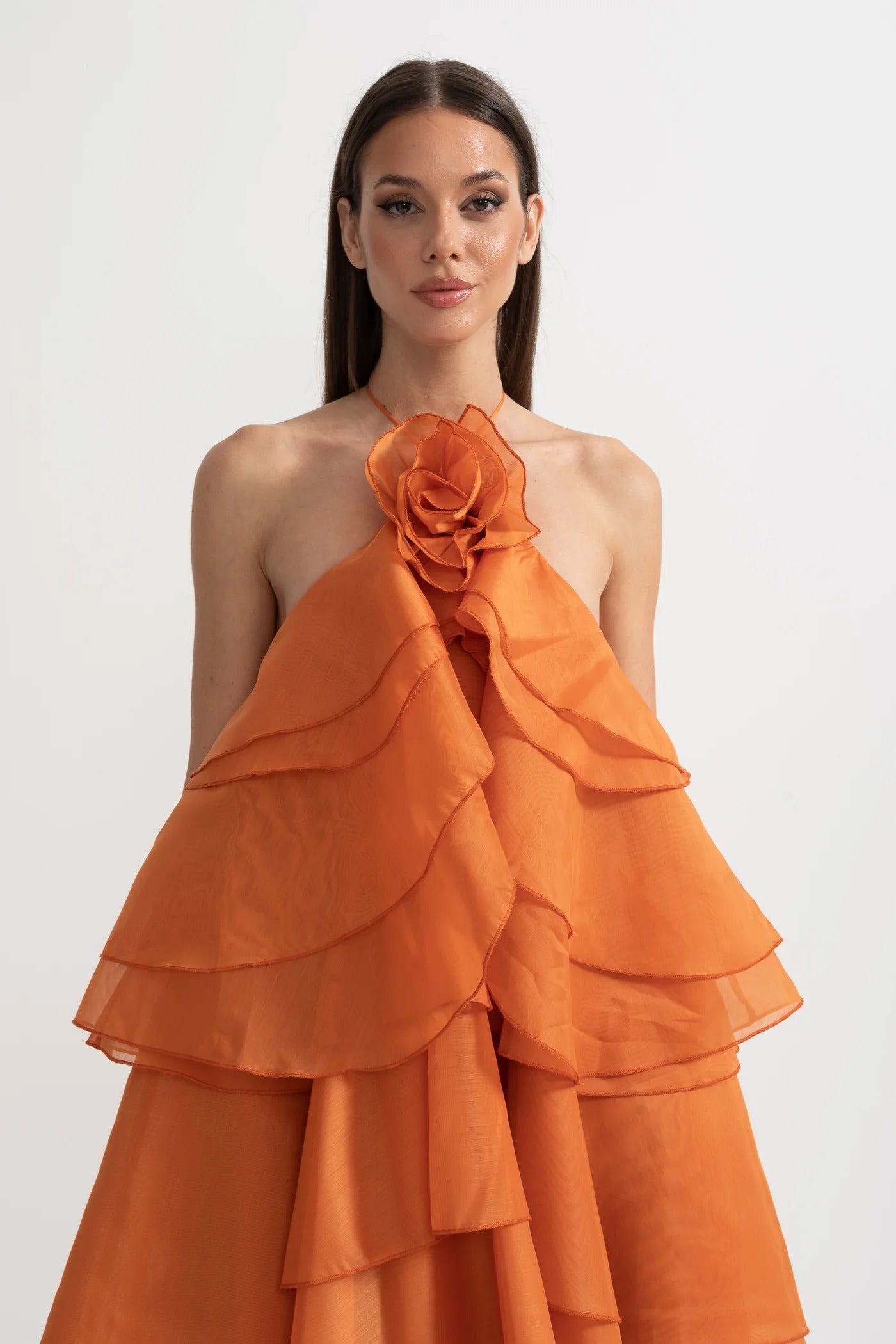 Tiered Halter Maxi Dress With Open Back - Orange