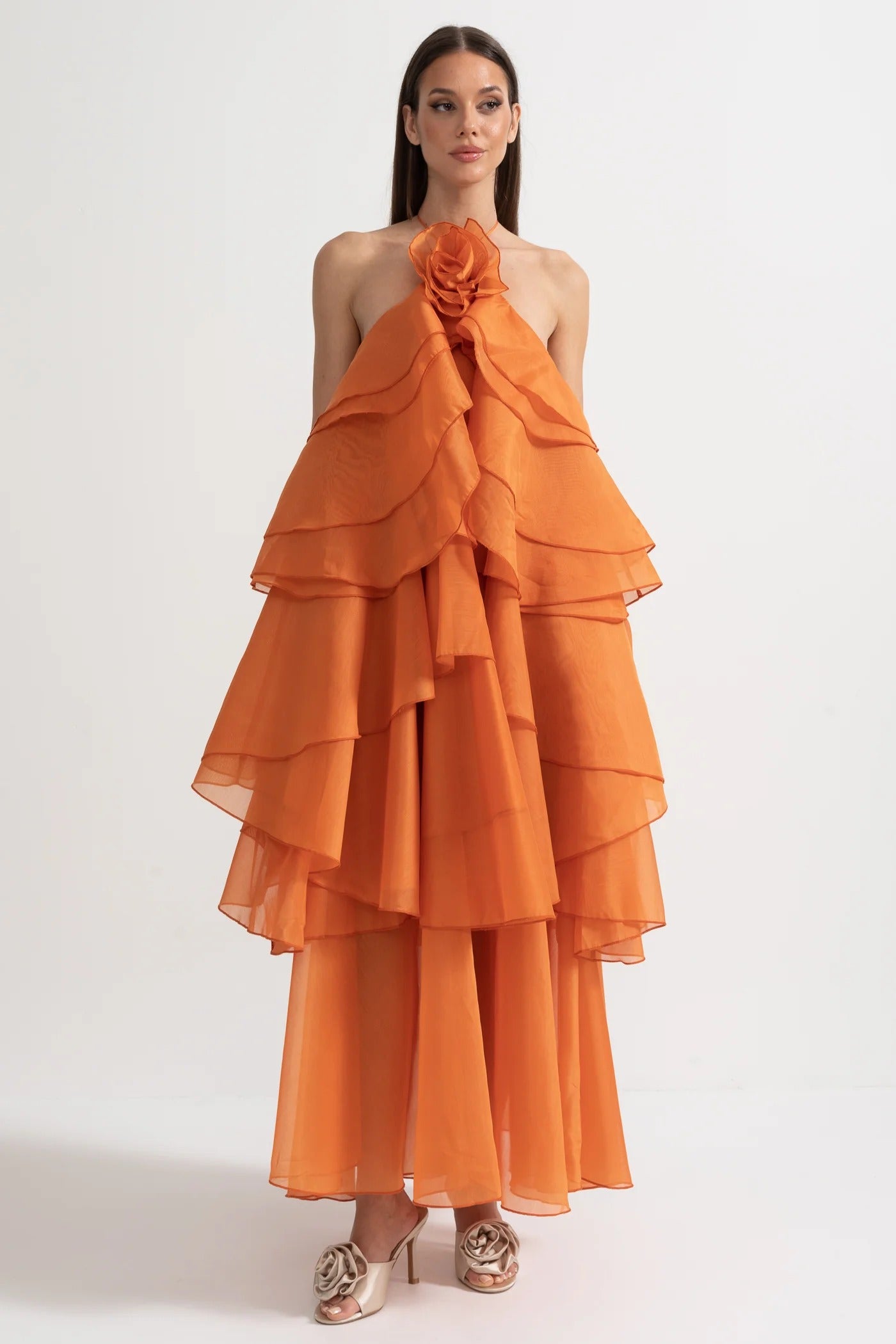 Tiered Halter Maxi Dress With Open Back - Orange