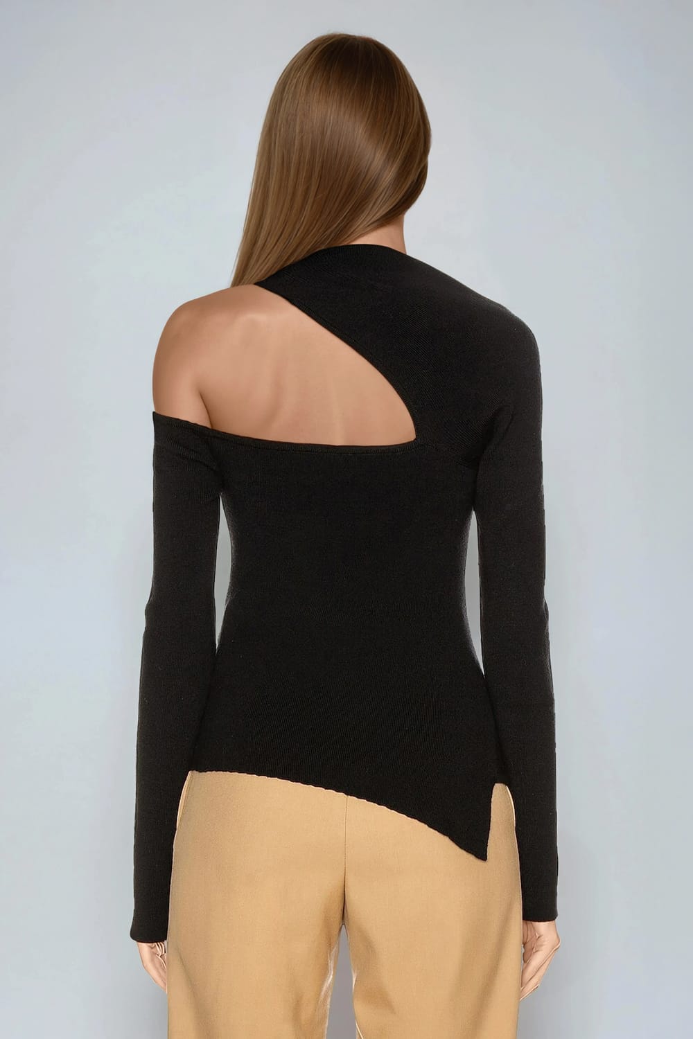 Asymmetrical Cutout Shoulder Knitted Sweater - Black