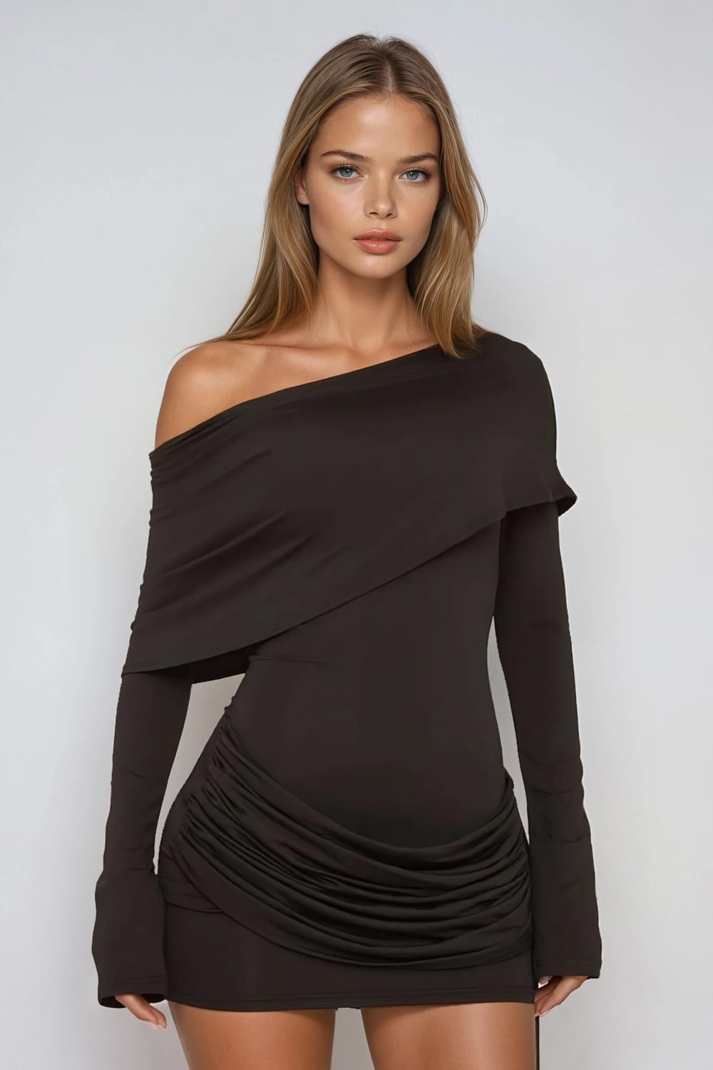 Asymmetrical Off-Shoulder Long Sleeve Mini Dress - Black