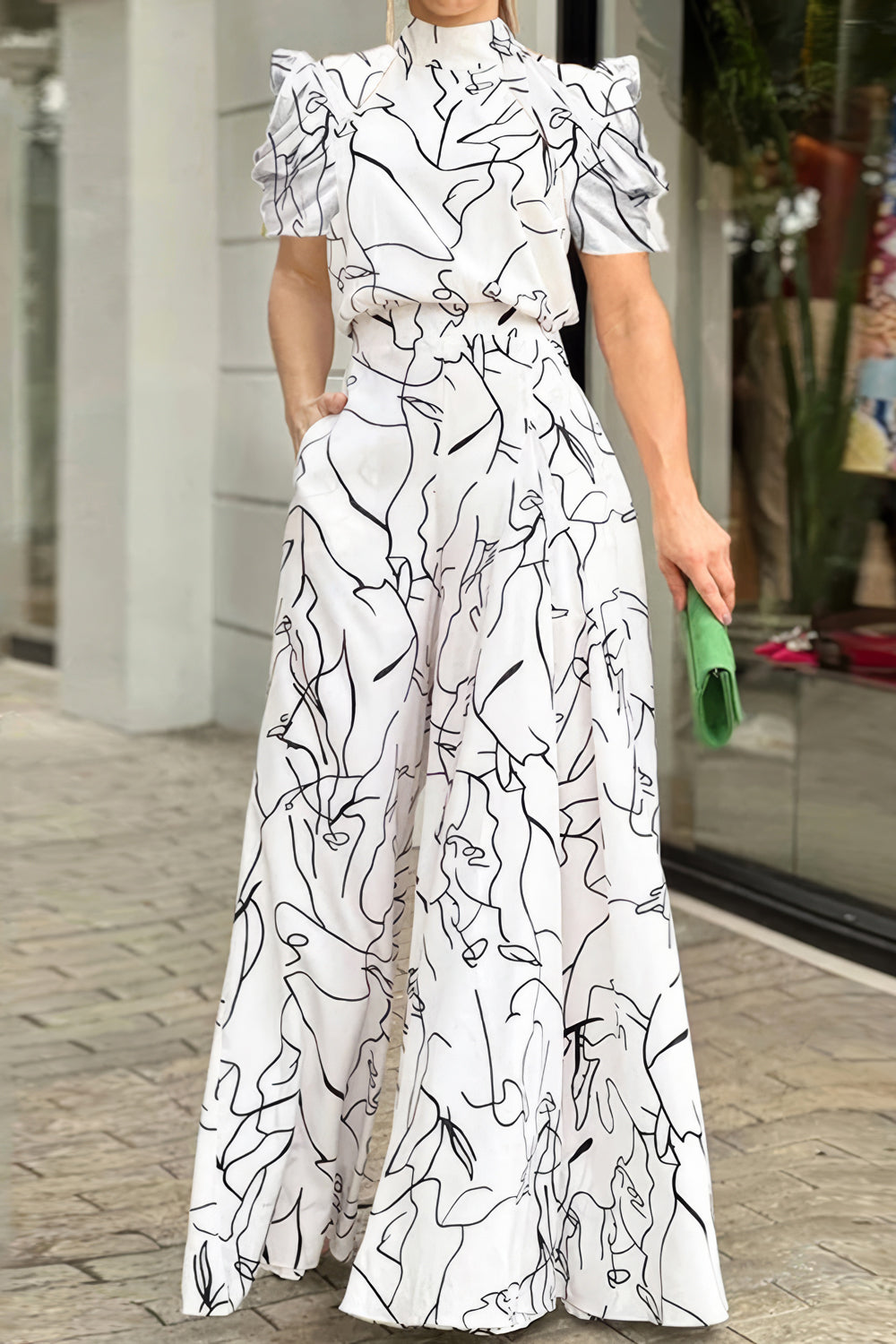 High-Neck Puff Sleeve Jumpsuit with Abstract Print
