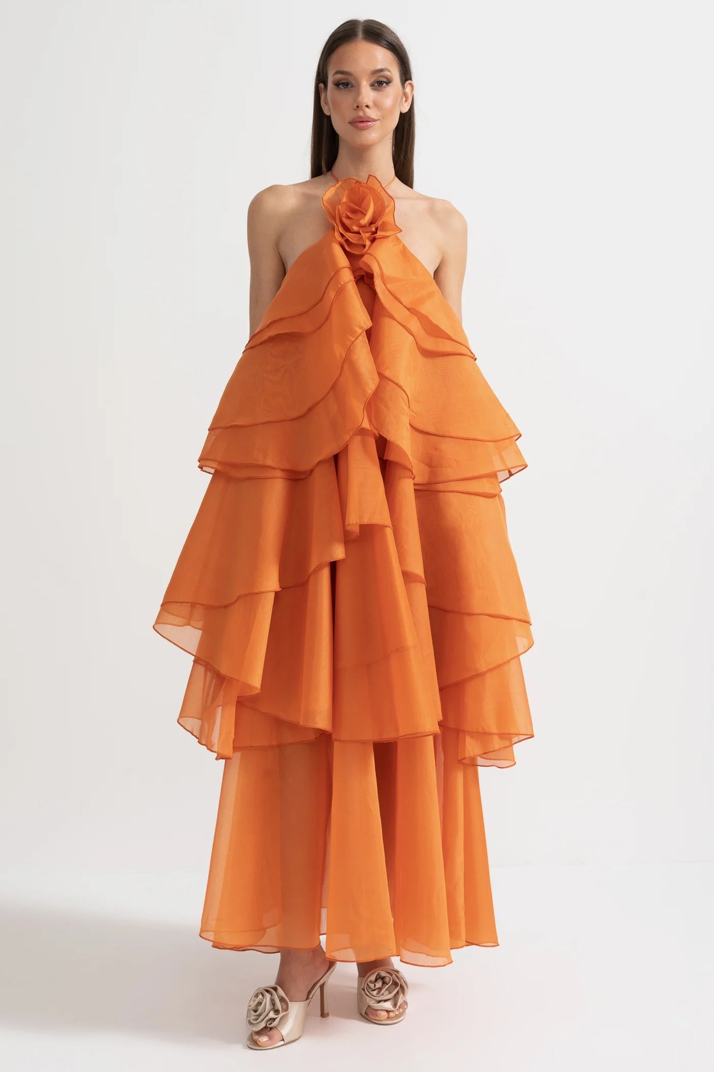 Tiered Halter Maxi Dress With Open Back - Orange