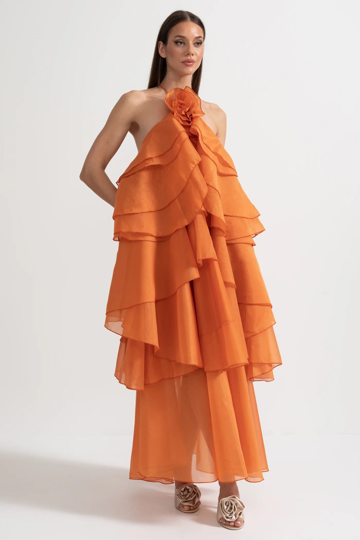 Tiered Halter Maxi Dress With Open Back - Orange