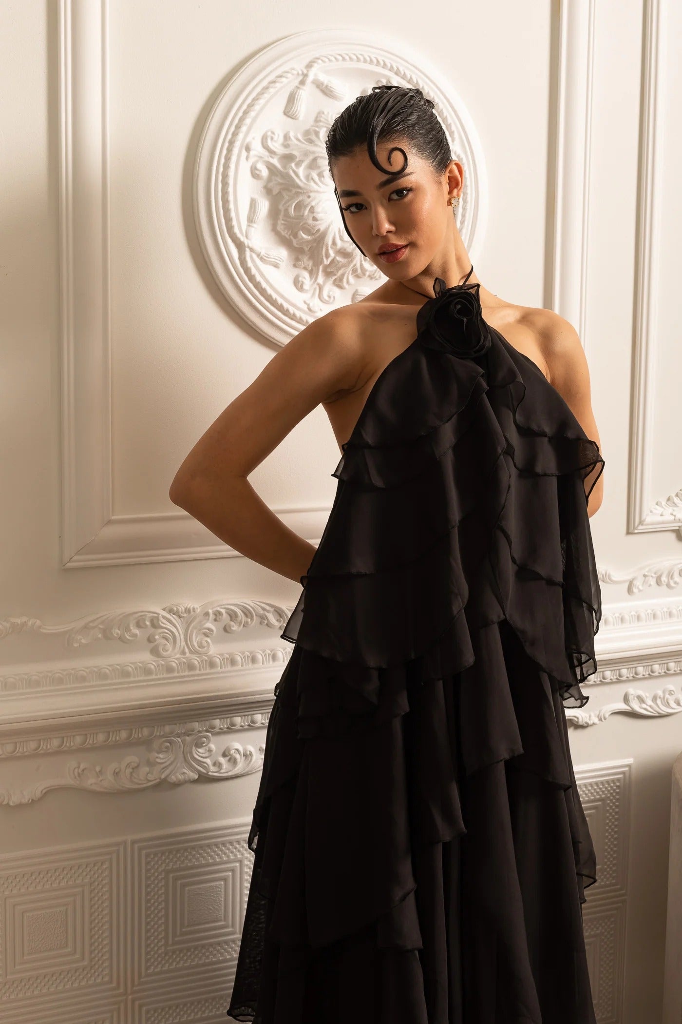 Tiered Halter Maxi Dress With Open Back - Black
