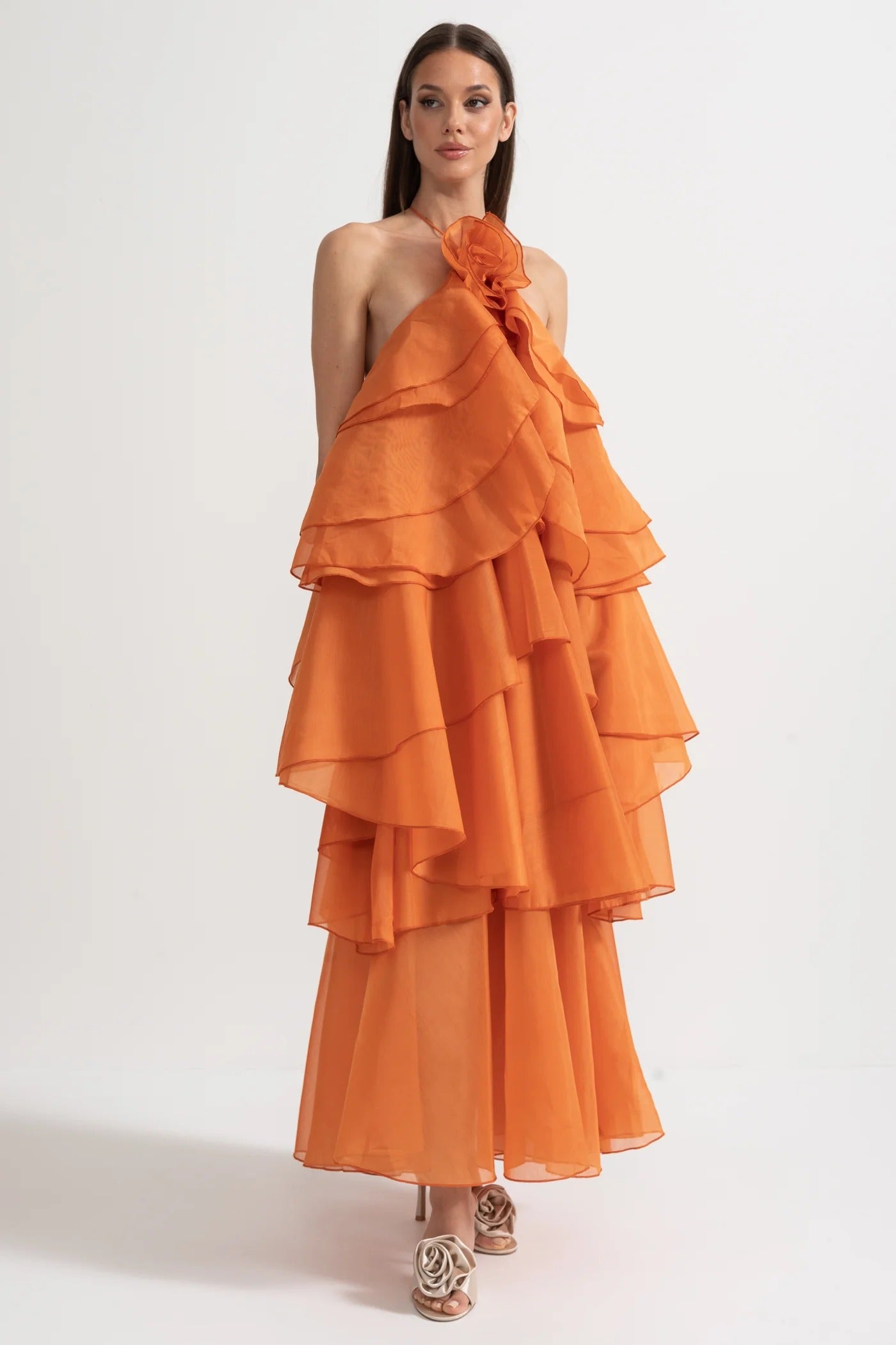 Tiered Halter Maxi Dress With Open Back - Orange