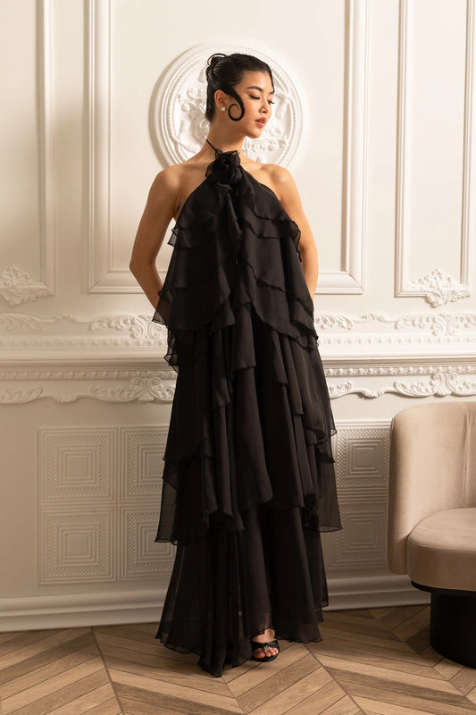 Tiered Halter Maxi Dress With Open Back - Black