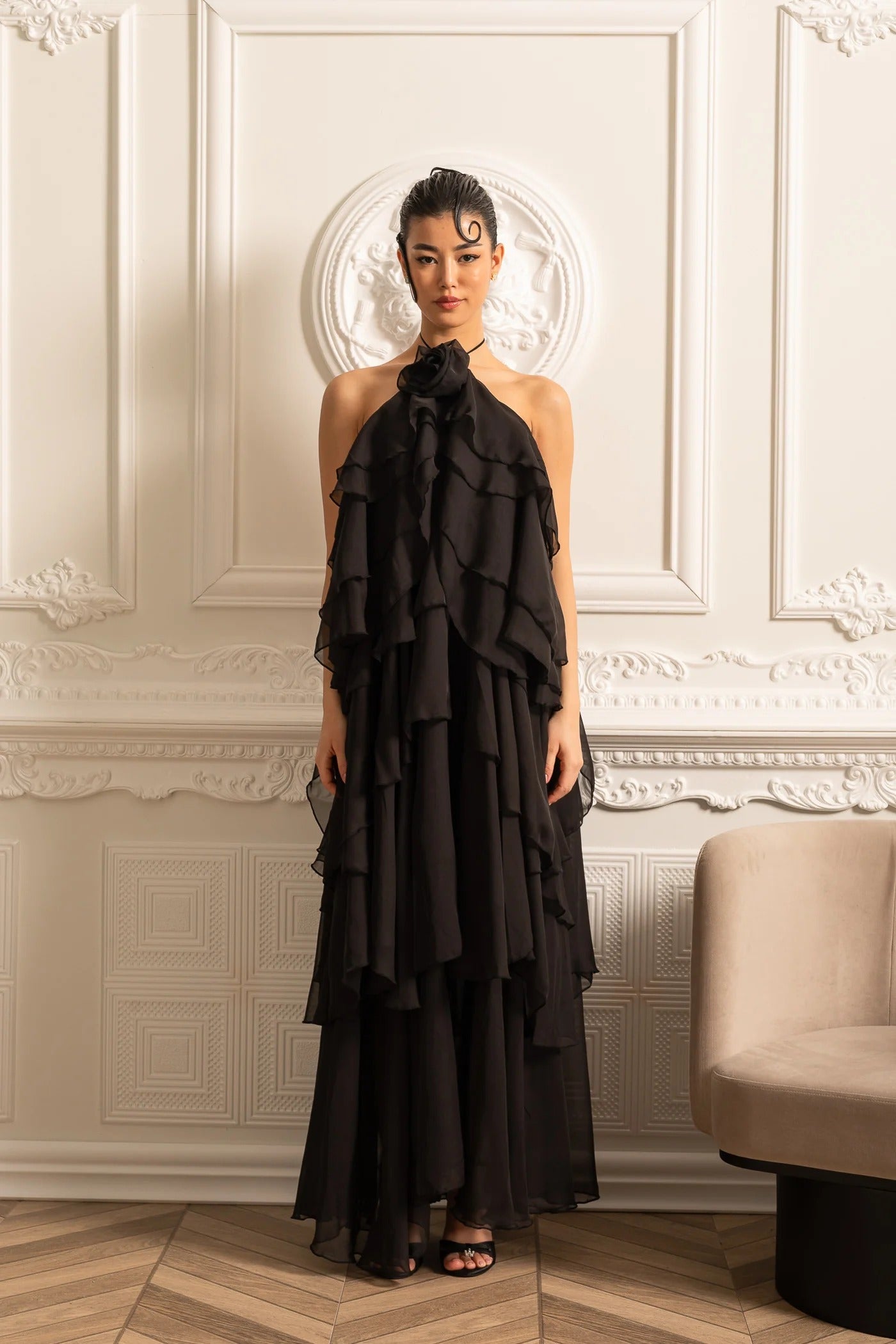 Tiered Halter Maxi Dress With Open Back - Black