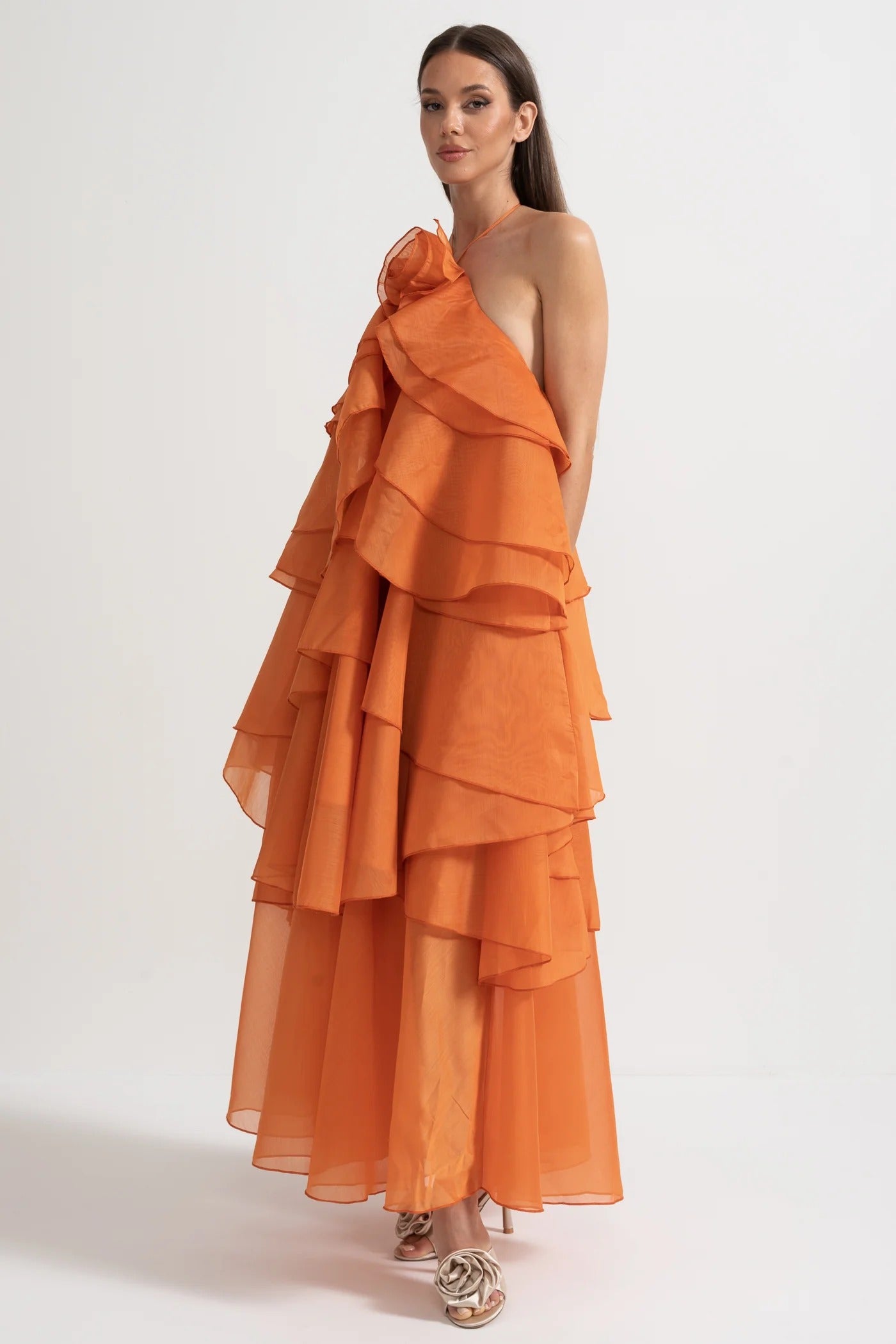 Tiered Halter Maxi Dress With Open Back - Orange