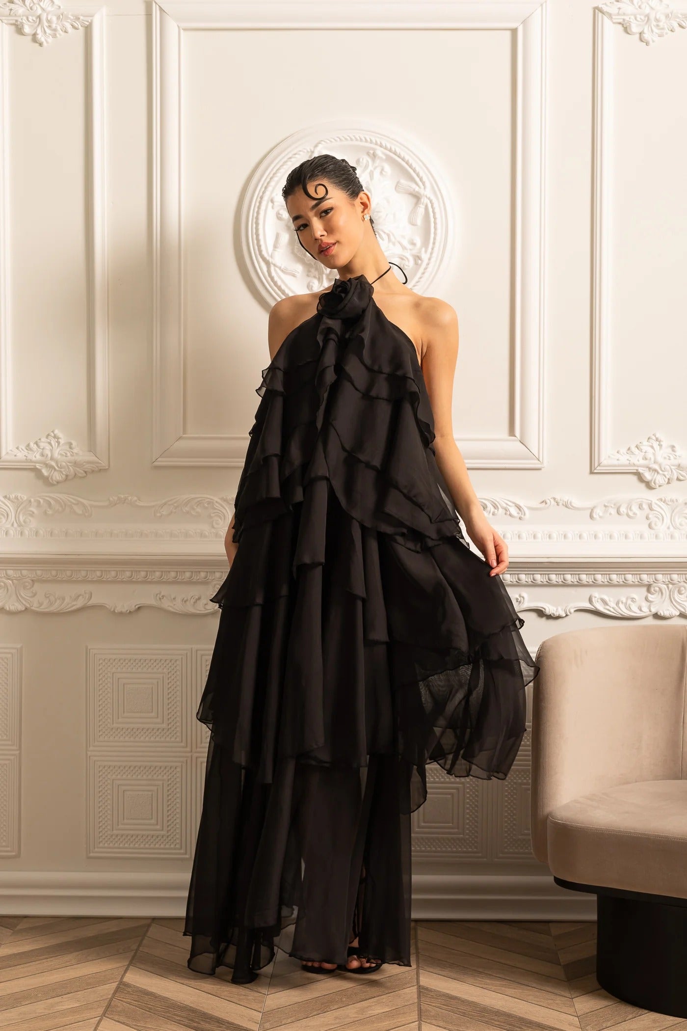 Tiered Halter Maxi Dress With Open Back - Black