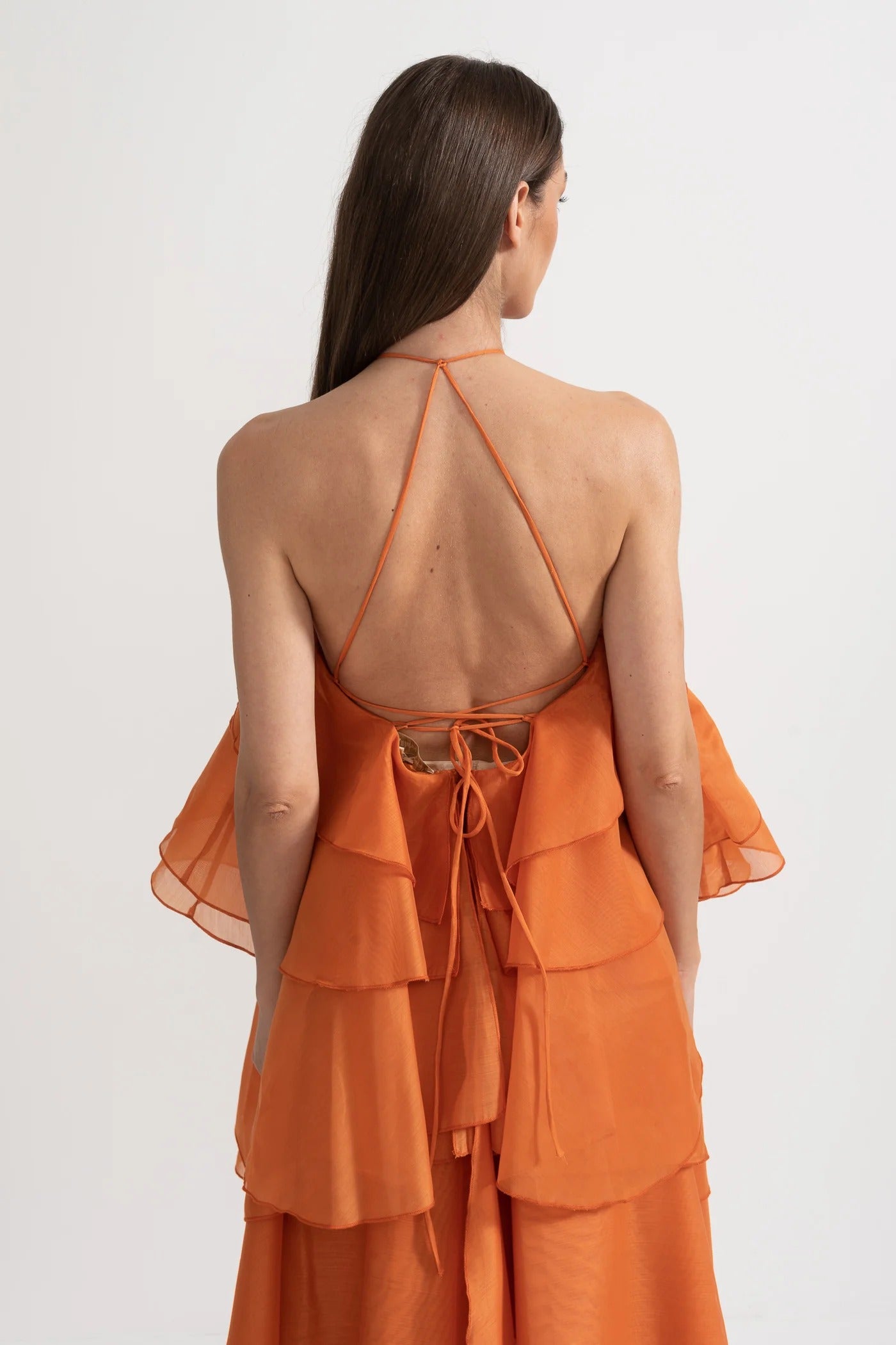 Tiered Halter Maxi Dress With Open Back - Orange