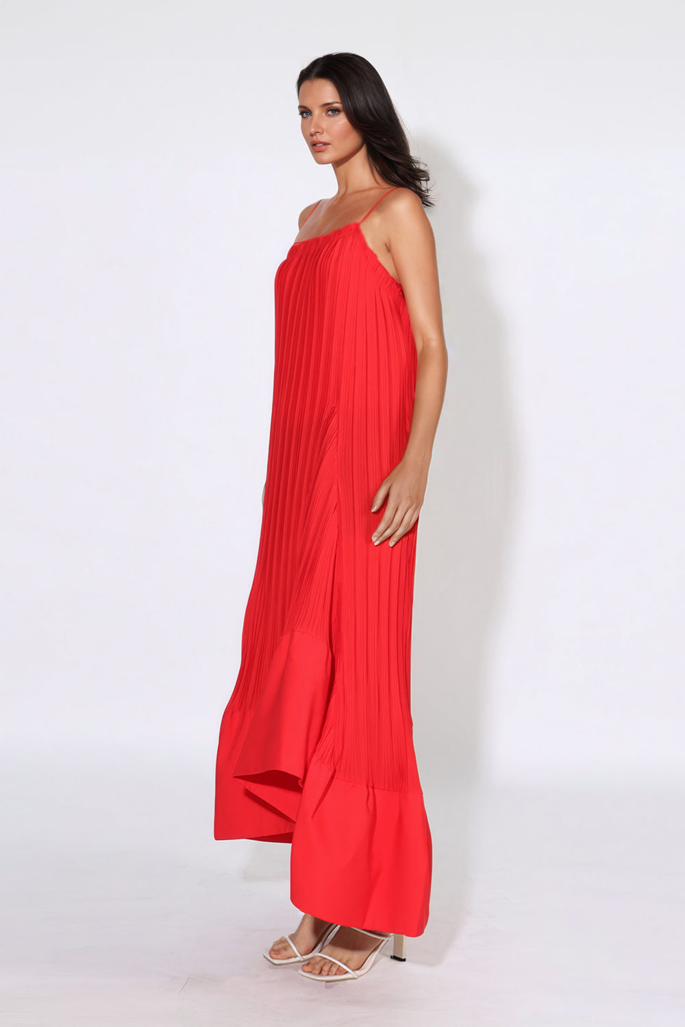 Asymmetrical Sleeveless Ruffled Maxi Dress - Red