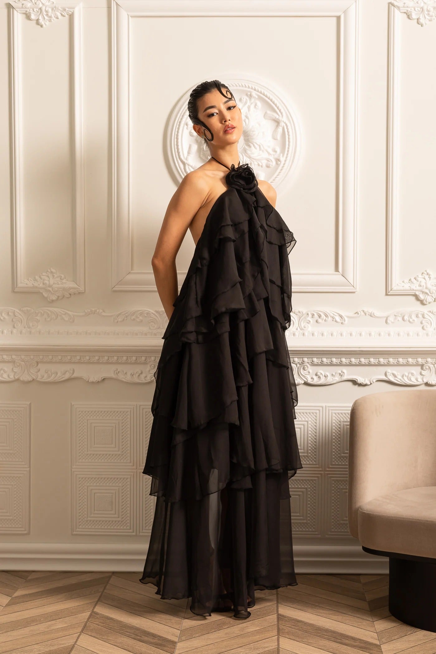 Tiered Halter Maxi Dress With Open Back - Black